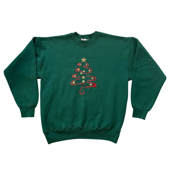 Vintage Hanes Christmas Sweatshirt Holiday Tree Crewneck Festive Top Women Large - Picture 1 of 10